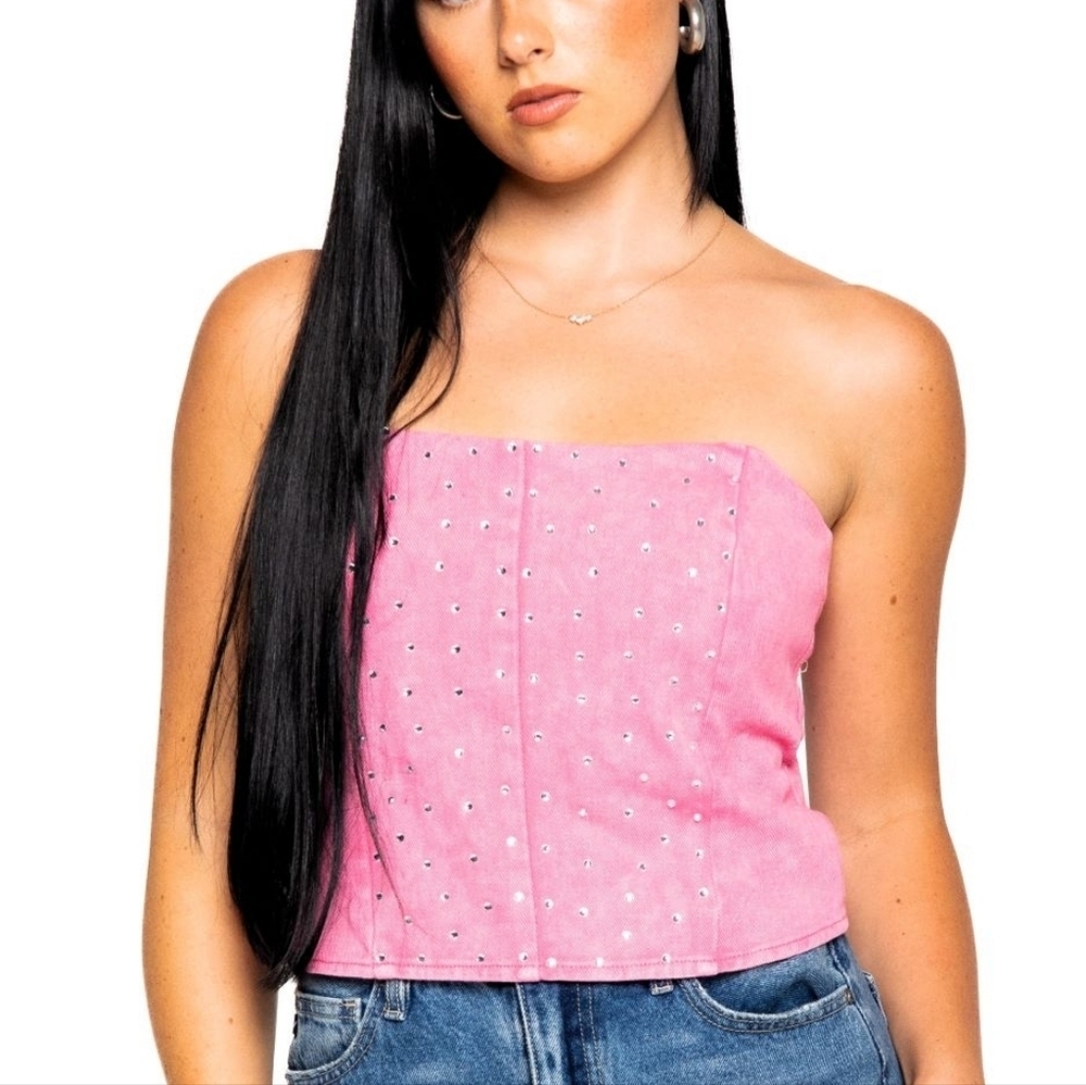 Le Lis Collection Hot Pink Swifty Rhinestone Denim Tube Top Size XS